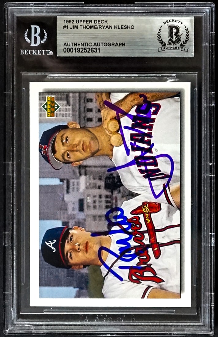 Jim Thome & Ryan Klesko On Card SIGNED 1992 UD: Lot measures 5.5 x 3.5 x .25 inches for shipping purposes. The absence of a condition report does not imply that the lot is in perfect condition or completely free from wear and tear, imperfections, o