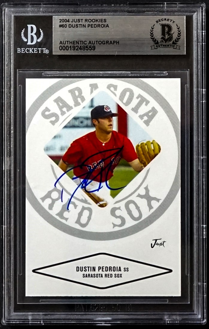 Dustin Pedroia On Card SIGNED 2004 Just Rookies: Lot measures 5.5 x 3.5 x .25 inches for shipping purposes. The absence of a condition report does not imply that the lot is in perfect condition or completely free from wear and tear, imperfections, o