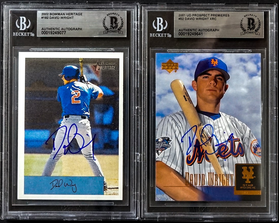 (2) David Wright On Card SIGNED Cards: Lot measures 5.5 x 3.5 x .25 inches for shipping purposes. The absence of a condition report does not imply that the lot is in perfect condition or completely free from wear and tear, imperfections, o