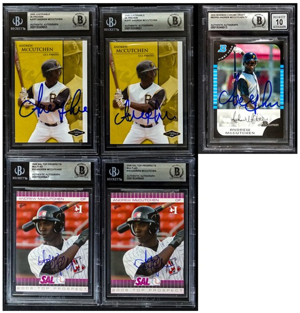 (5) Andrew McCutchen On Card SIGNED RC, Minors: Lot measures 5.5 x 3.5 x .25 inches for shipping purposes. The absence of a condition report does not imply that the lot is in perfect condition or completely free from wear and tear, imperfections, o