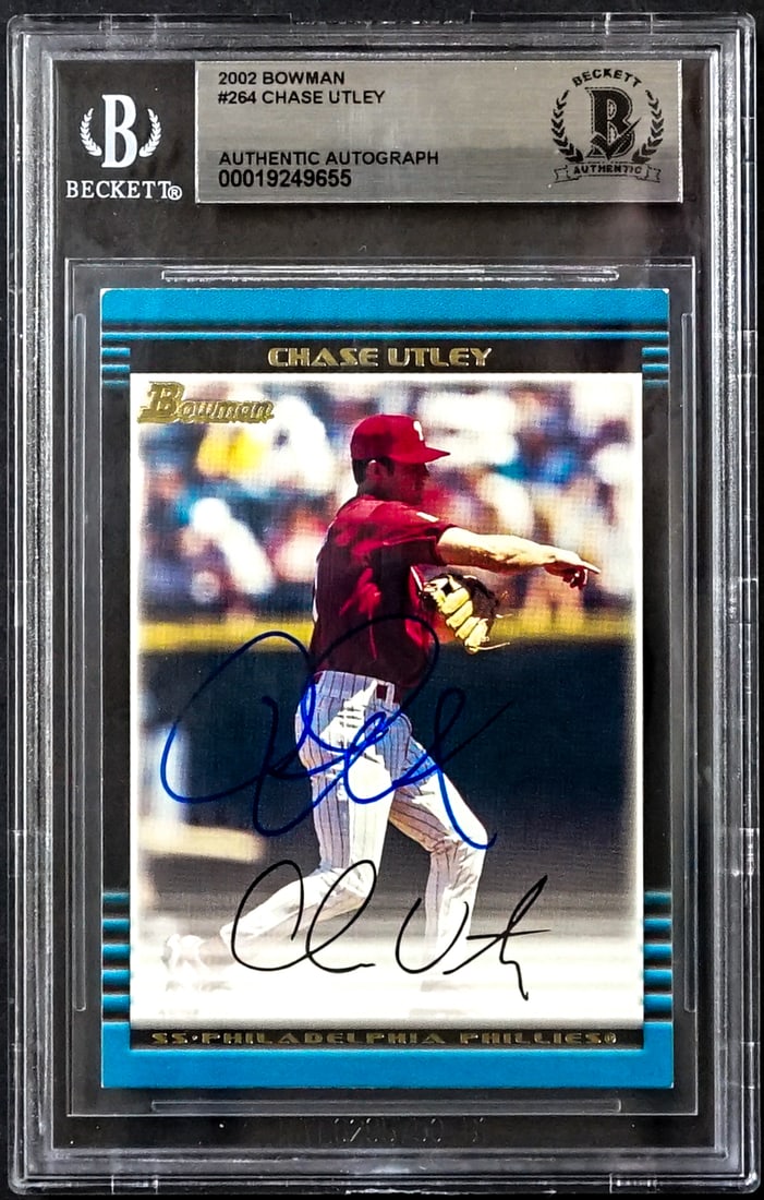 Chase Utley On Card SIGNED 2002 Bowman #264: Lot measures 5.5 x 3.5 x .25 inches for shipping purposes. The absence of a condition report does not imply that the lot is in perfect condition or completely free from wear and tear, imperfections, o