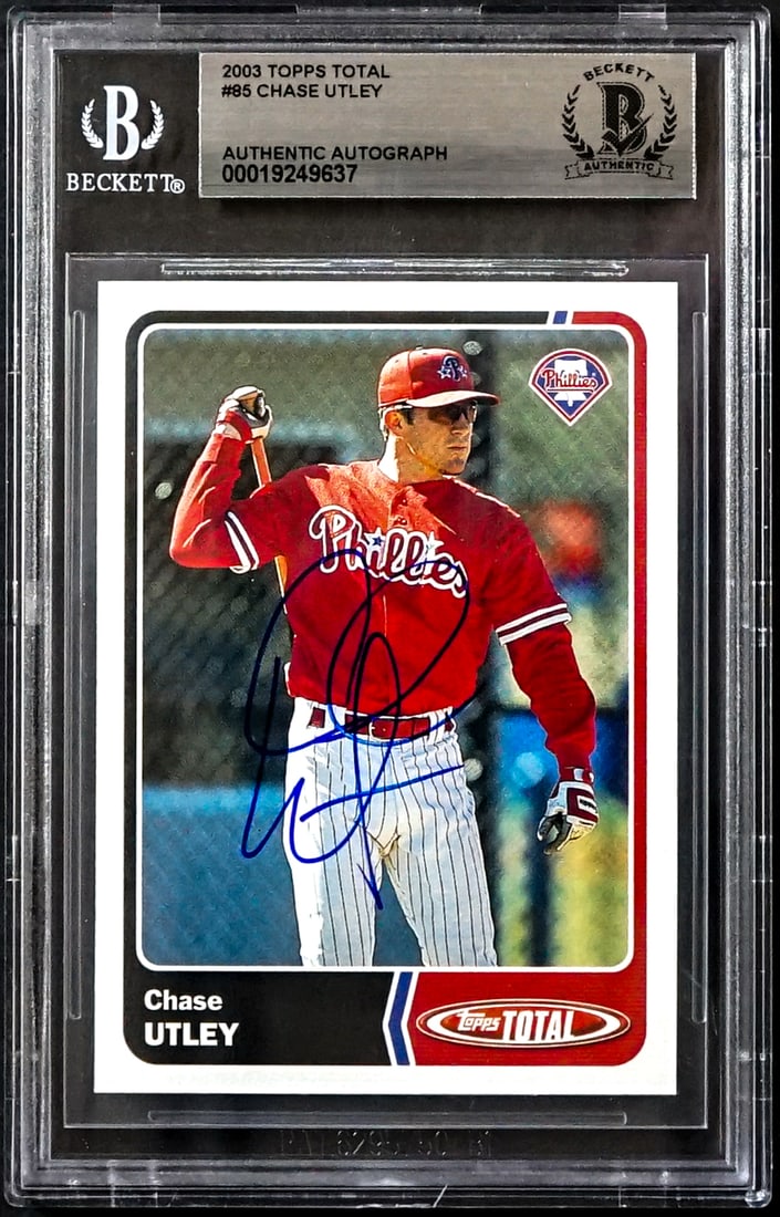 Chase Utley On Card SIGNED 2003 Topps Total #85: Lot measures 5.5 x 3.5 x .25 inches for shipping purposes. The absence of a condition report does not imply that the lot is in perfect condition or completely free from wear and tear, imperfections, o