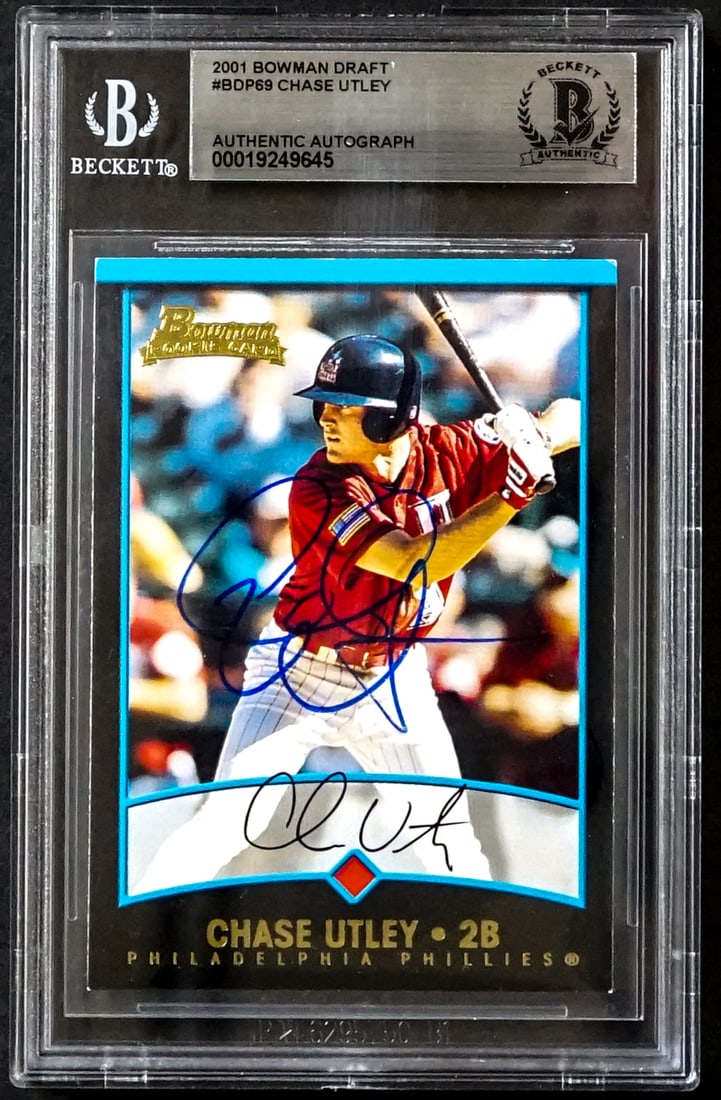 Chase Utley On Card SIGNED 2001 Bowman Draft: Lot measures 5.5 x 3.5 x .25 inches for shipping purposes. The absence of a condition report does not imply that the lot is in perfect condition or completely free from wear and tear, imperfections, o
