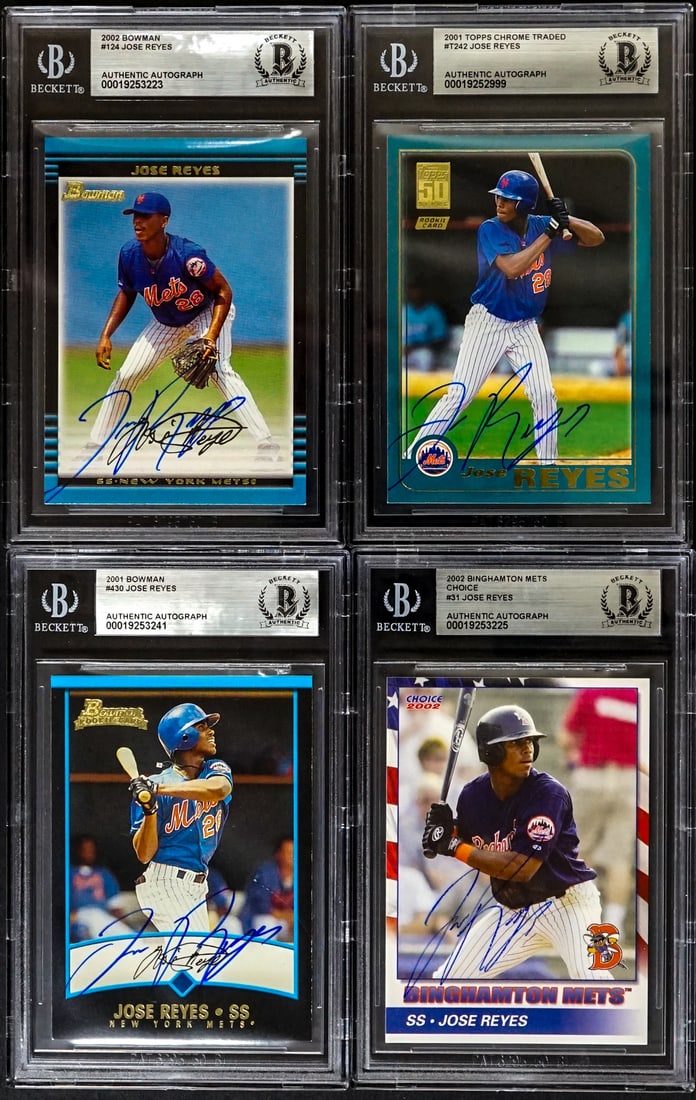 Jose Reyes On Card SIGNED 2001-02 BB Cards (4): Lot measures 5.5 x 3.5 x 2 inches for shipping purposes. The absence of a condition report does not imply that the lot is in perfect condition or completely free from wear and tear, imperfections, or 