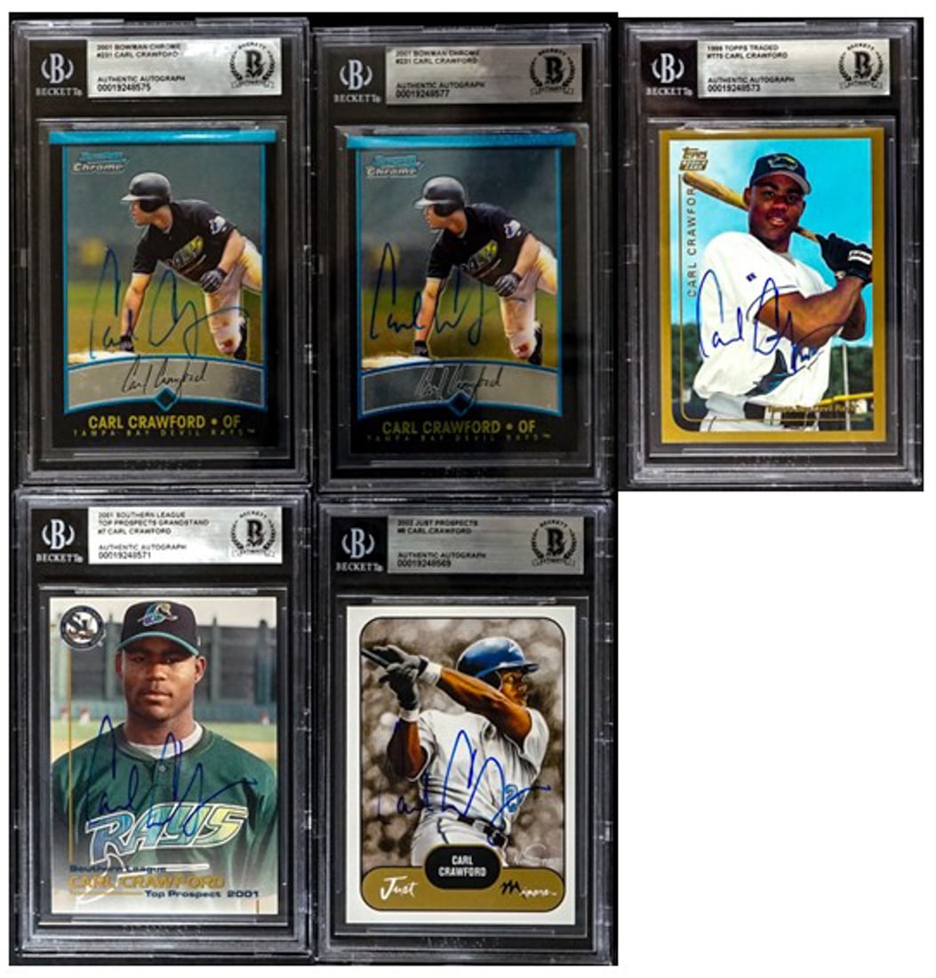 Carl Crawford On Card SIGNED Baseball Cards (5): Lot measures 5.5 x 3.5 x 2 inches for shipping purposes. The absence of a condition report does not imply that the lot is in perfect condition or completely free from wear and tear, imperfections, or 