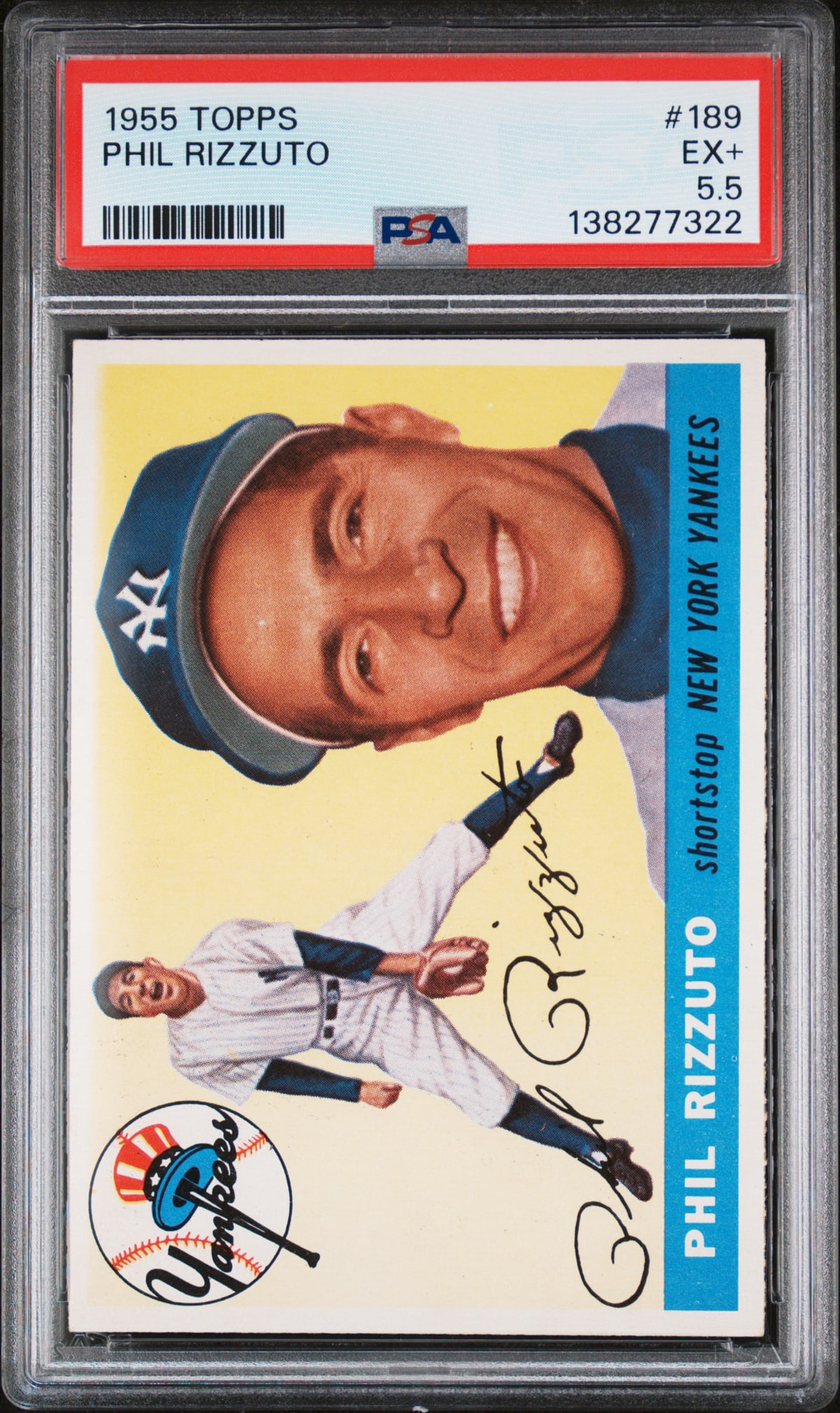Phil Rizzuto 1955 Topps #189 PSA EX+ 5.5: Lot measures 5.5 x 3.5 x .25 inches for shipping purposes. The absence of a condition report does not imply that the lot is in perfect condition or completely free from wear and tear, imperfections, o