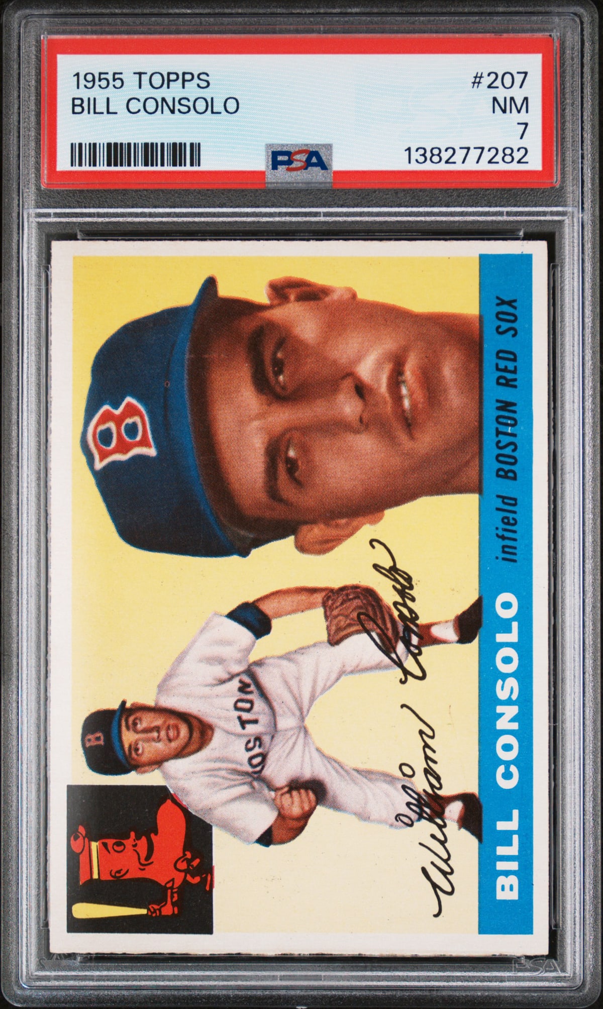 1955 Topps Set Break Bill Consolo #207 PSA 7: Lot measures 5.5 x 3.5 x .25 inches for shipping purposes. The absence of a condition report does not imply that the lot is in perfect condition or completely free from wear and tear, imperfections, o