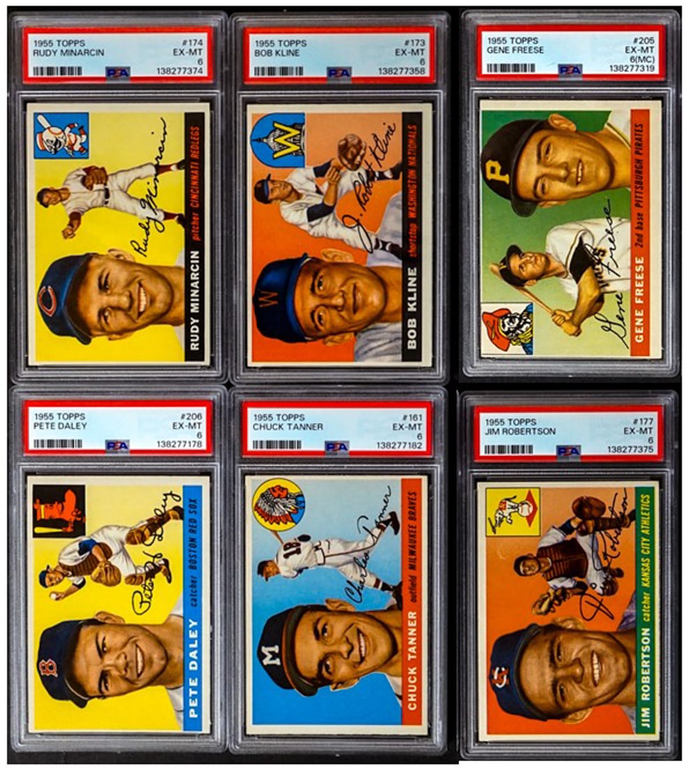 1955 Topps Set Break PSA 6 Baseball Cards (6): 1955 Topps Set Break PSA 6 Baseball Cards (6). Just graded. A nice lot from a lifelong collection. Measures 5 x 4 x 2 inches for shipping purposes. However, the condition report is provided as an opin