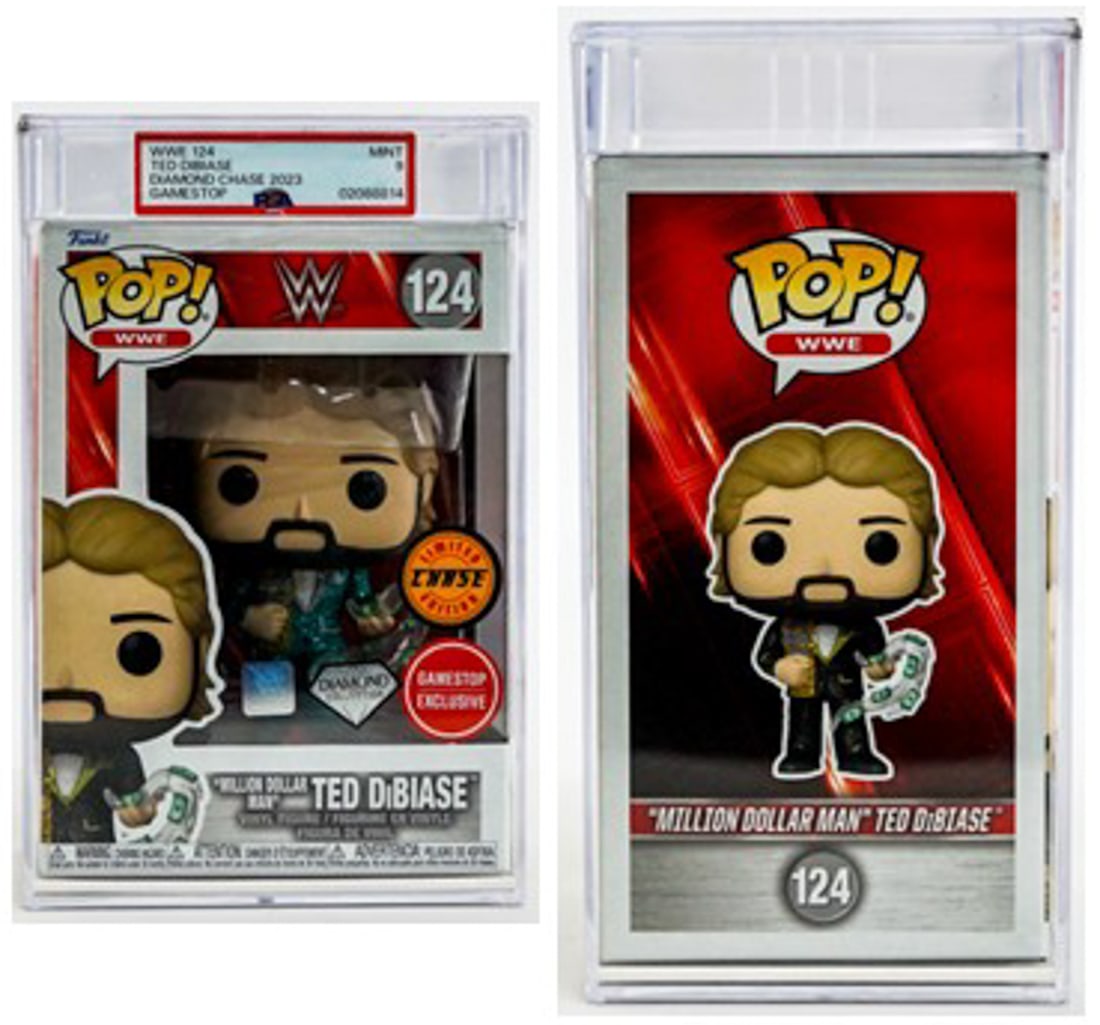 Funko WWE 124 Million Dollar Man Ted DiBiase PSA 9: Lot measures 7.75 x 5 x 4 inches for shipping purposes. The absence of a condition report does not imply that the lot is in perfect condition or completely free from wear and tear, imperfections, or t