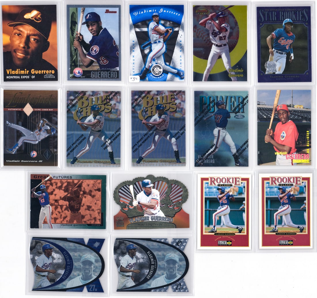 Vladimir Guerrero (HOF 2018) Baseball Cards (16): Mixed condition, most NM-MT/MT, many pack fresh. A nice lot from an advanced collector. However, the condition report is provided as an opinion only and in no way is a guarantee nor warranty if card o