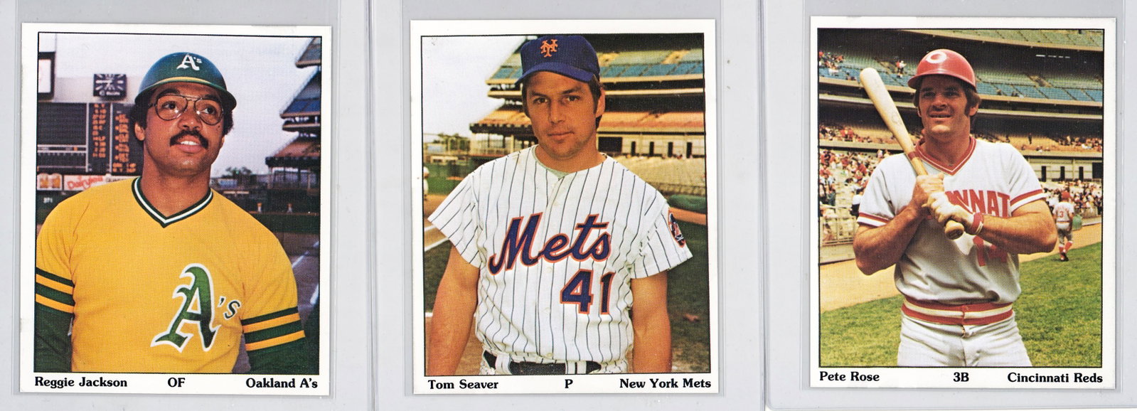 1975 SSPC Puzzle Back Seaver, Rose, Jackson: Mixed condition, EX-MT/NM or better. A nice lot from an advanced collector. Measures 4 x 3 x 1 inches for shipping purposes. However, the condition report is provided as an opinion only and in no way 