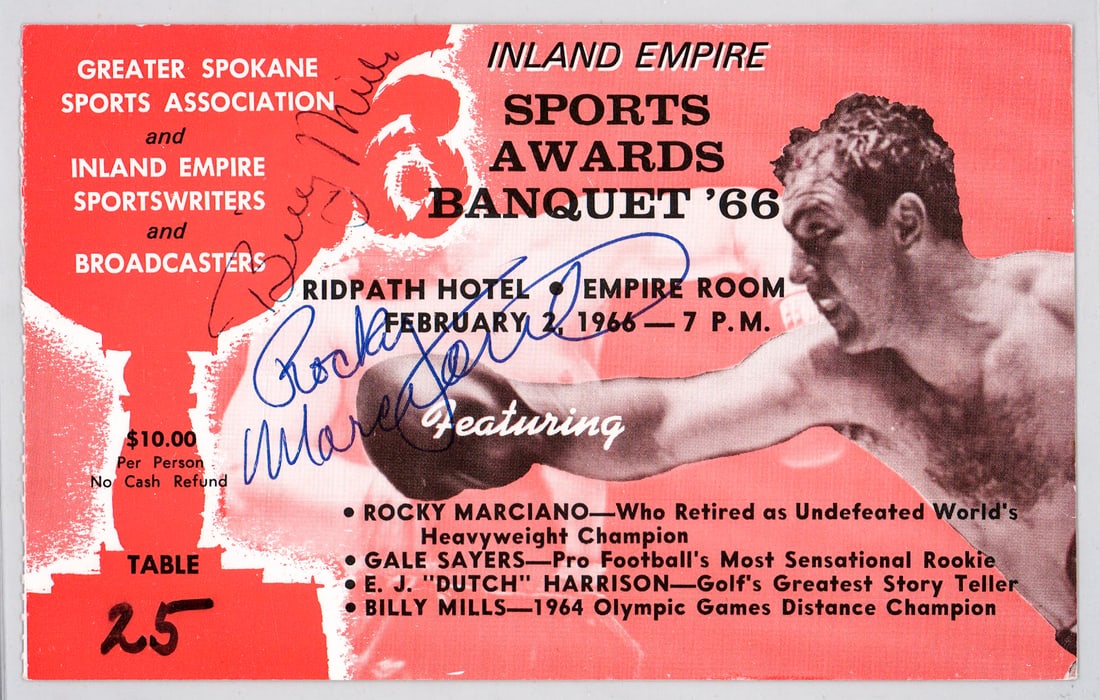 Rocky Marciano Signed Banquet Ticket BAS: Beckett Authentication Services full Letter of Authenticity #AE48160Lot measures 12 x 10 x .25 inches for shipping purposes. The absence of a condition report does not imply that the lot is in perfect