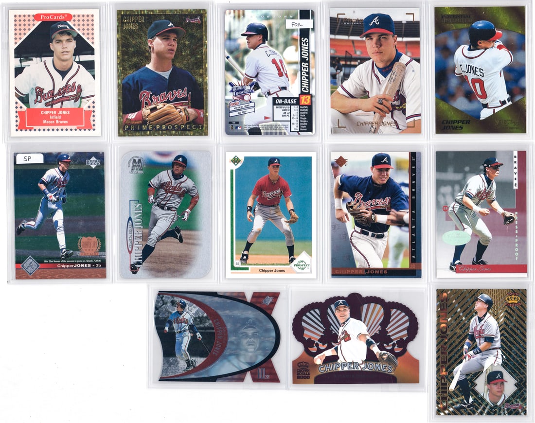 Chipper Jones Baseball Cards (13): Mixed condition, most NM-MT/MT, many pack fresh. A nice lot from an advanced collector. Measures 4 x 3 x 1 inches for shipping purposes. However, the condition report is provided as an opinion only an