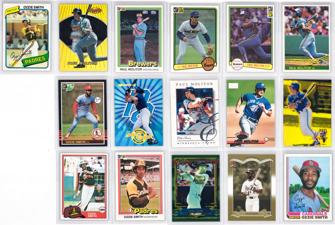 Ozzie Smith & Paul Molitor Baseball Cards (16): Mixed condition, most NM-MT/MT, many pack fresh. A nice lot from an advanced collector. However, the condition report is provided as an opinion only and in no way is a guarantee nor warranty if card o