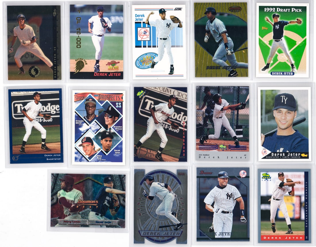 Derek Jeter Baseball Cards (14): Mixed condition, most NM-MT/MT, many pack fresh. A nice lot from an advanced collector. Measures 4 x 3 x 1 inches for shipping purposes. However, the condition report is provided as an opinion only an