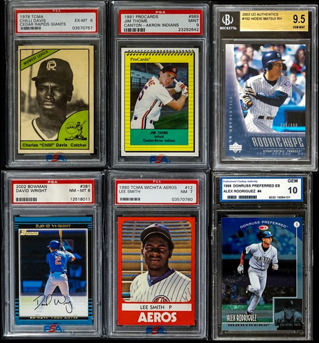 (6) Assorted Graded or Encapsulated Cards: Lot measures 5.5 x 3.5 x 3 inches for shipping purposes. The absence of a condition report does not imply that the lot is in perfect condition or completely free from wear and tear, imperfections, or 