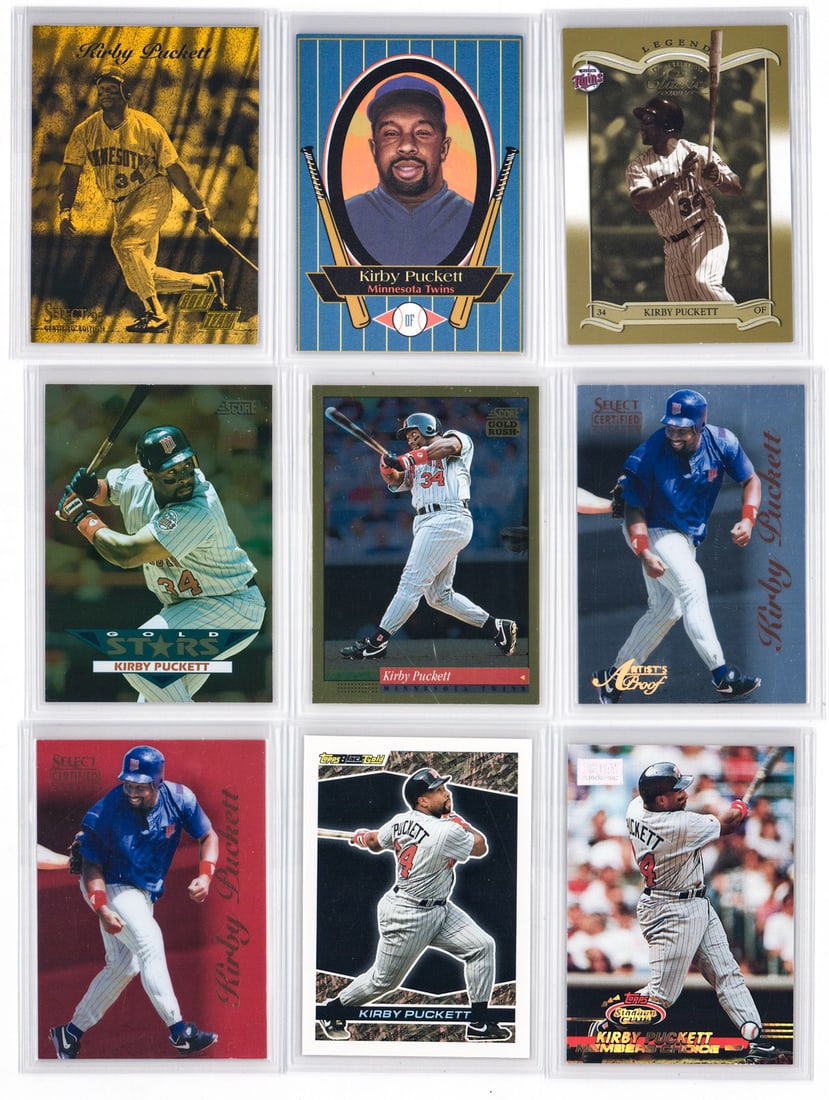 Kirby Puckett Baseball Cards (9): Mixed condition, most NM-MT/MT, many pack fresh. A nice lot from an advanced collector. However, the condition report is provided as an opinion only and in no way is a guarantee nor warranty if card o