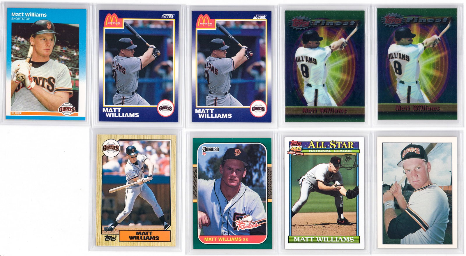 Matt Williams Baseball Cards (9): Mixed condition, most NM-MT/MT, many pack fresh. A nice lot from an advanced collector. However, the condition report is provided as an opinion only and in no way is a guarantee nor warranty if card o