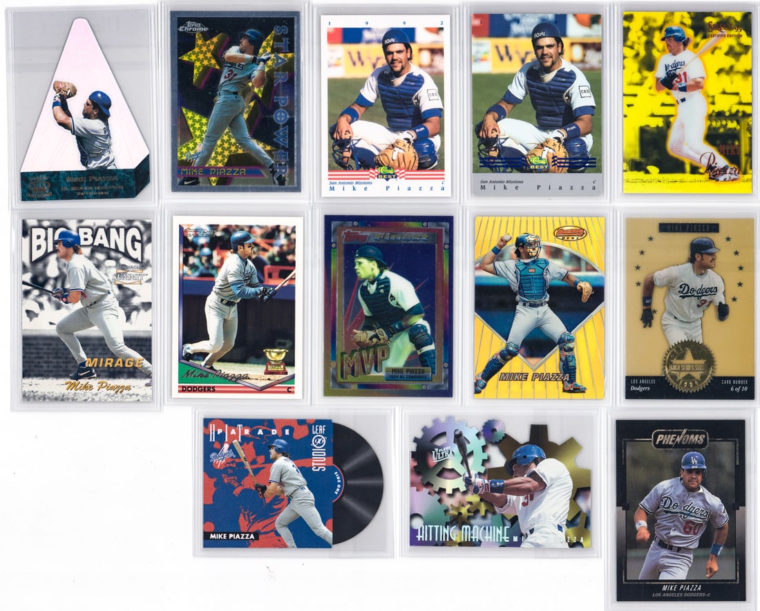 Mike Piazza Baseball Cards (13): Mixed condition, most NM-MT/MT, many pack fresh. A nice lot from an advanced collector. However, the condition report is provided as an opinion only and in no way is a guarantee nor warranty if card o