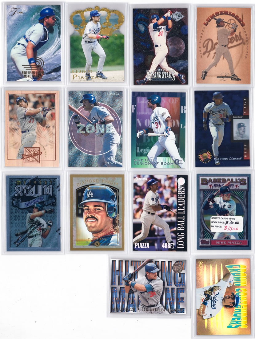Mike Piazza Baseball Cards (14): Mixed condition, most NM-MT/MT, many pack fresh. A nice lot from an advanced collector. However, the condition report is provided as an opinion only and in no way is a guarantee nor warranty if card o