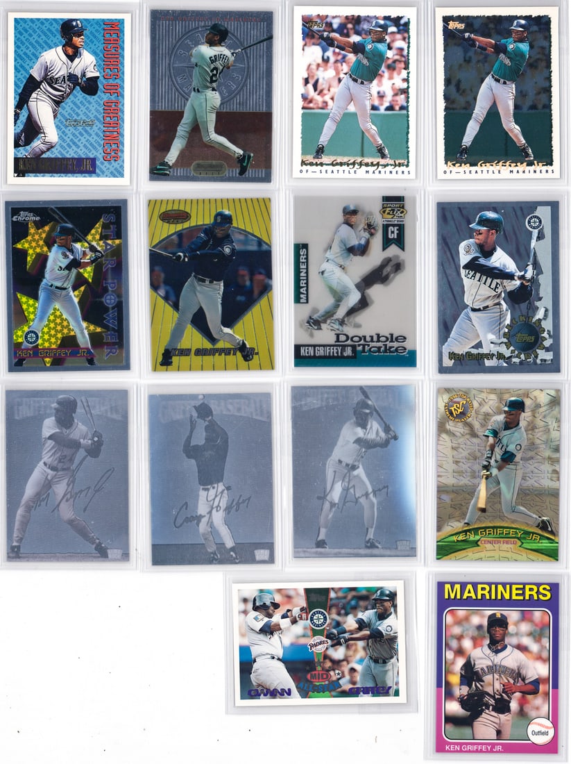Ken Griffey, Jr. Baseball Cards w/inserts (14): Mixed condition, most NM-MT/MT, many pack fresh. A nice lot from an advanced collector. However, the condition report is provided as an opinion only and in no way is a guarantee nor warranty if card o