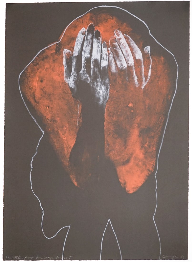 Rafael Canogar SIGNED Proof El Llanto 1969: Rafael Canogar (Spanish, b. 1935) litho presentation proof. The Cry (El Llanto) from The Earth. 1969. Sheet measures 30 x 22 in. Unframed, loose, not glued down or mounted. Print lot measures 31.5 in.