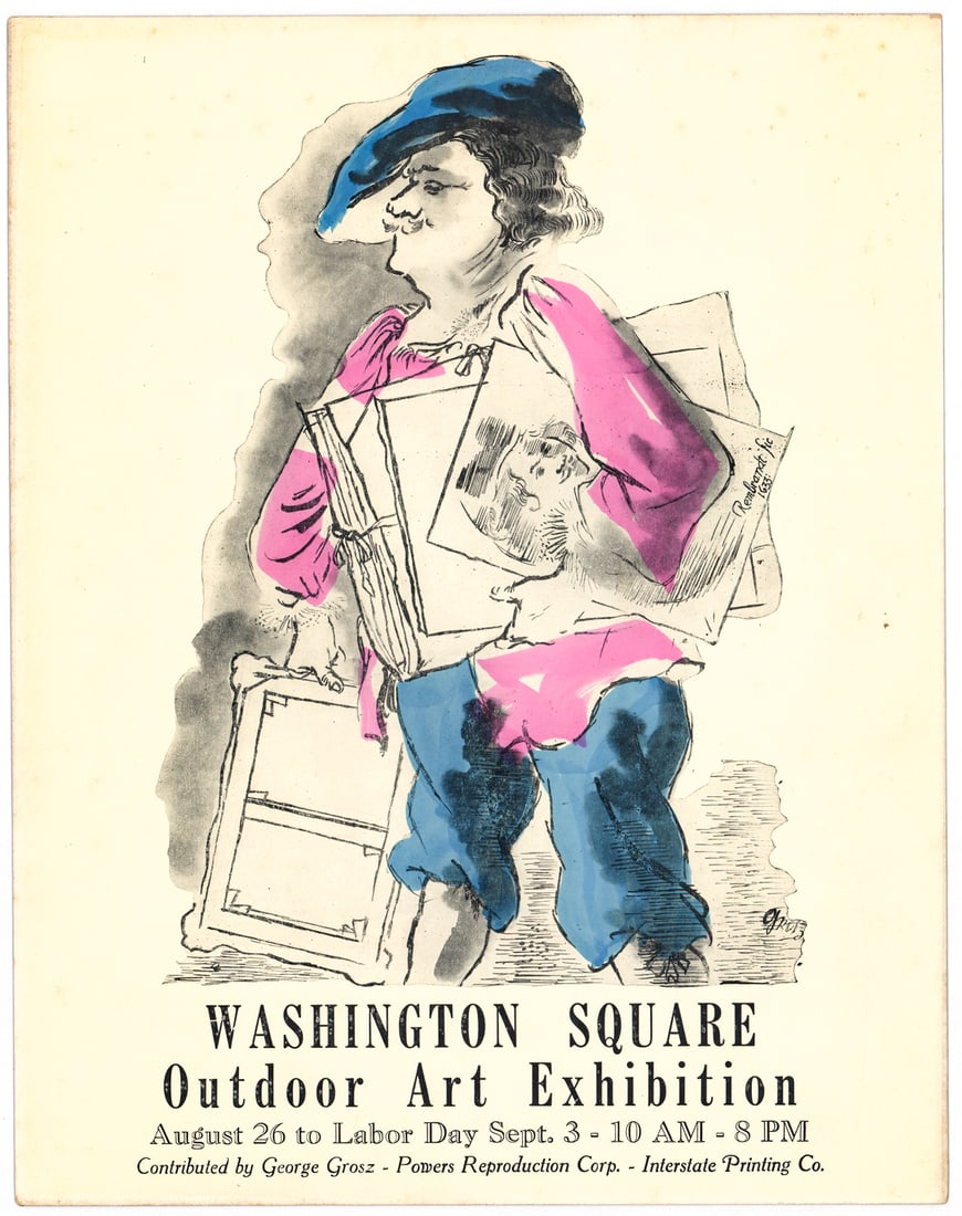 1934 George Grosz, Washington Square Broadside: Contributed by George Grosz - Powers Reproduction Corp. - Interstate Printing Co. Plate signed 'Grosz'. Measures 14 in. x 10.875 in. Unframed, loose, not glued down or mounted. Print lot measures 15.1