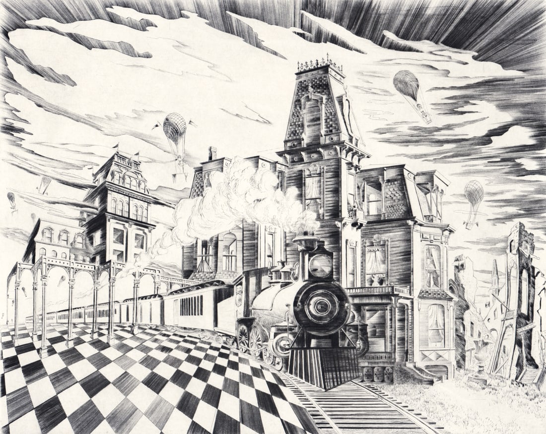 Lawrence Kupferman S/N Etching Fantasia Americana: Lawrence Kupferman (American, 1909-1982) etching pencil signed and numbered 44/100 lower margin. Embossed stamp lower left. Fantasia Americana, 1974. Left corners creased. Image measures 11.75 x 14.87