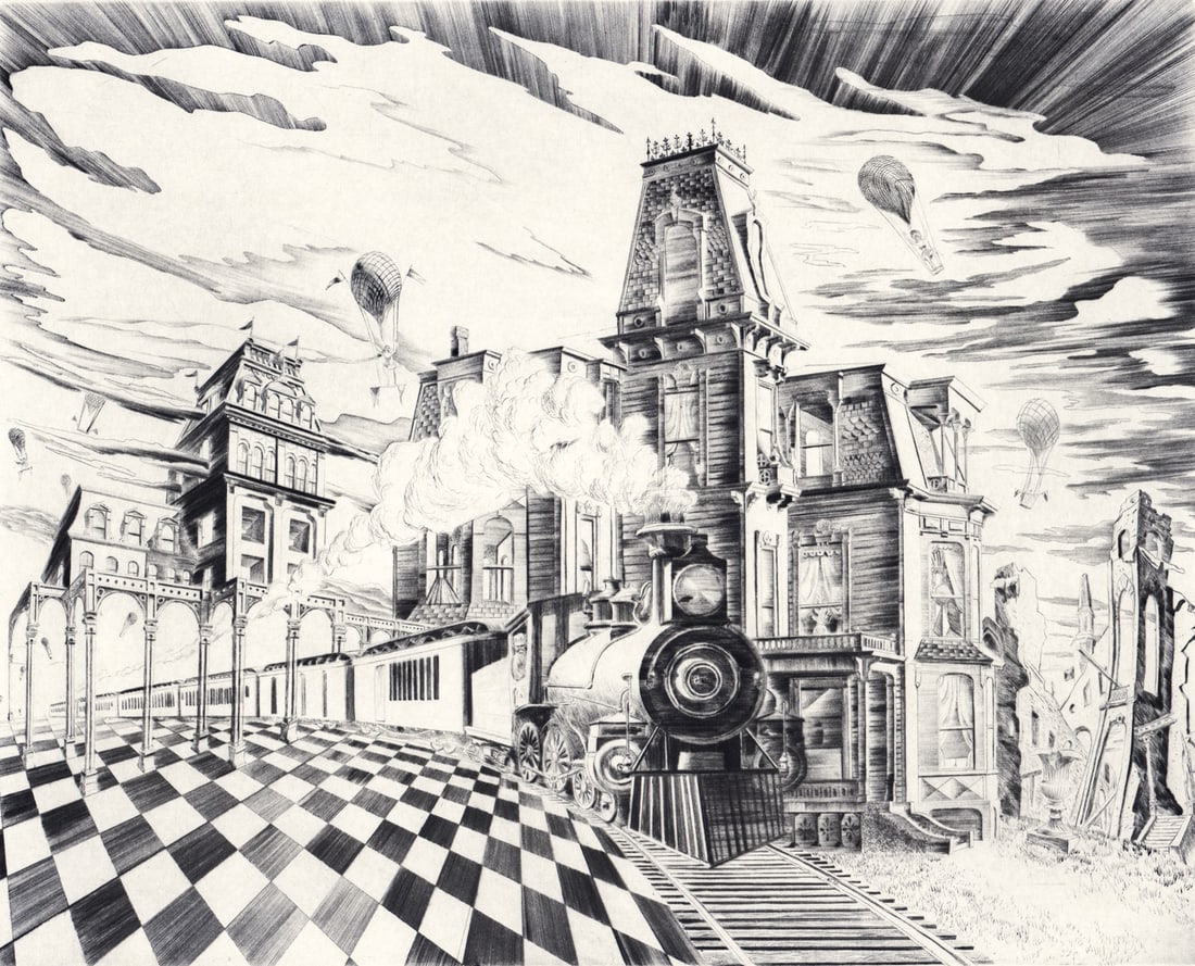 Lawrence Kupferman S/N Etching Fantasia Americana: Lawrence Kupferman (American, 1909-1982) etching pencil signed and numbered 39/100 lower margin. Embossed stamp lower left. Fantasia Americana, 1974. Image measures 11.75 x 14.875 in. Sheet measures 1