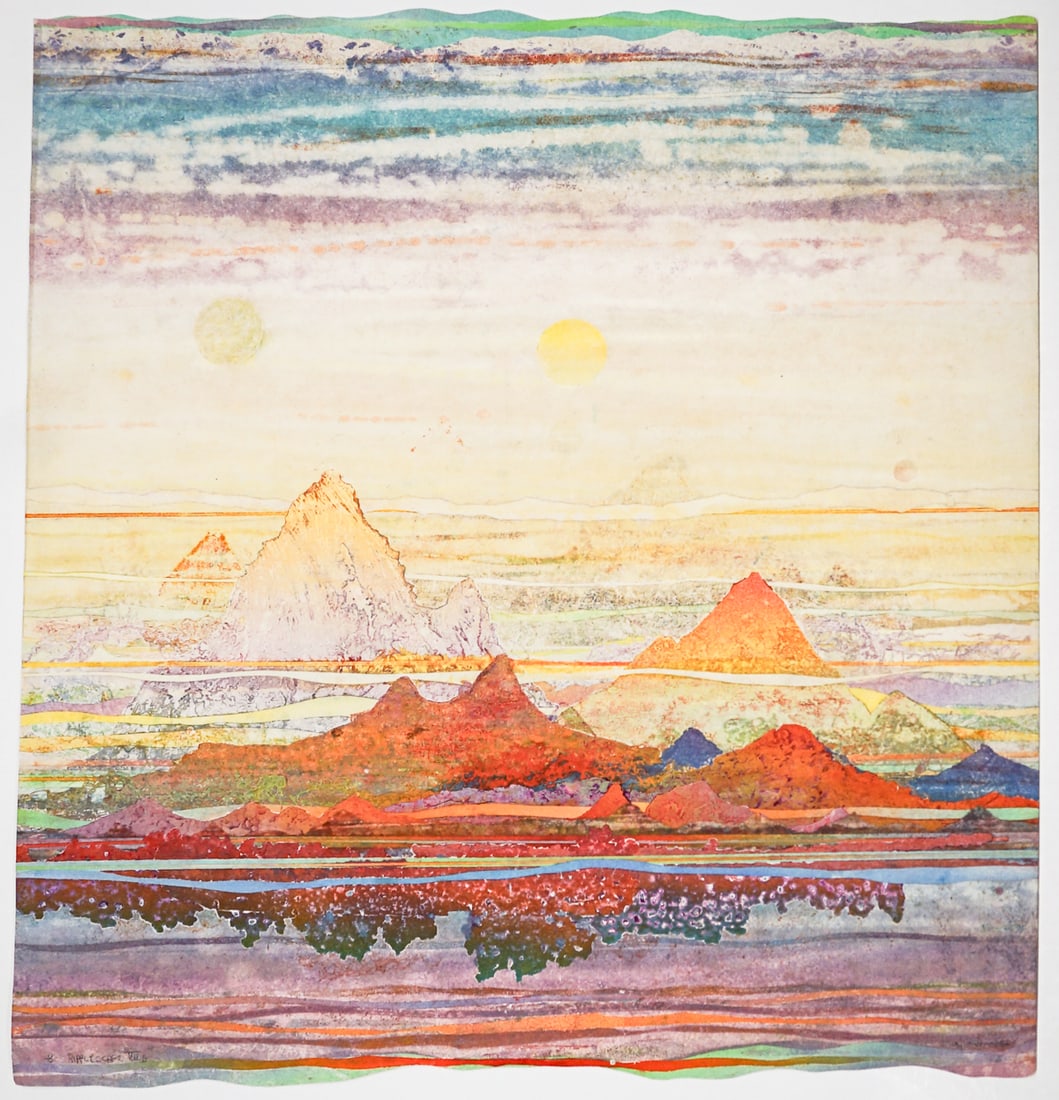 Walter Moore Crump Intaglio Print SIGNED: Walter Moore 'Rusty' Crump (b.1941) intaglio collagraph pencil signed, titled 'Ripplescape VII' lower edge. Sheet measures 22.75 x 21.25 in. Unframed, loose, not glued down or mounted. Lot measures 24