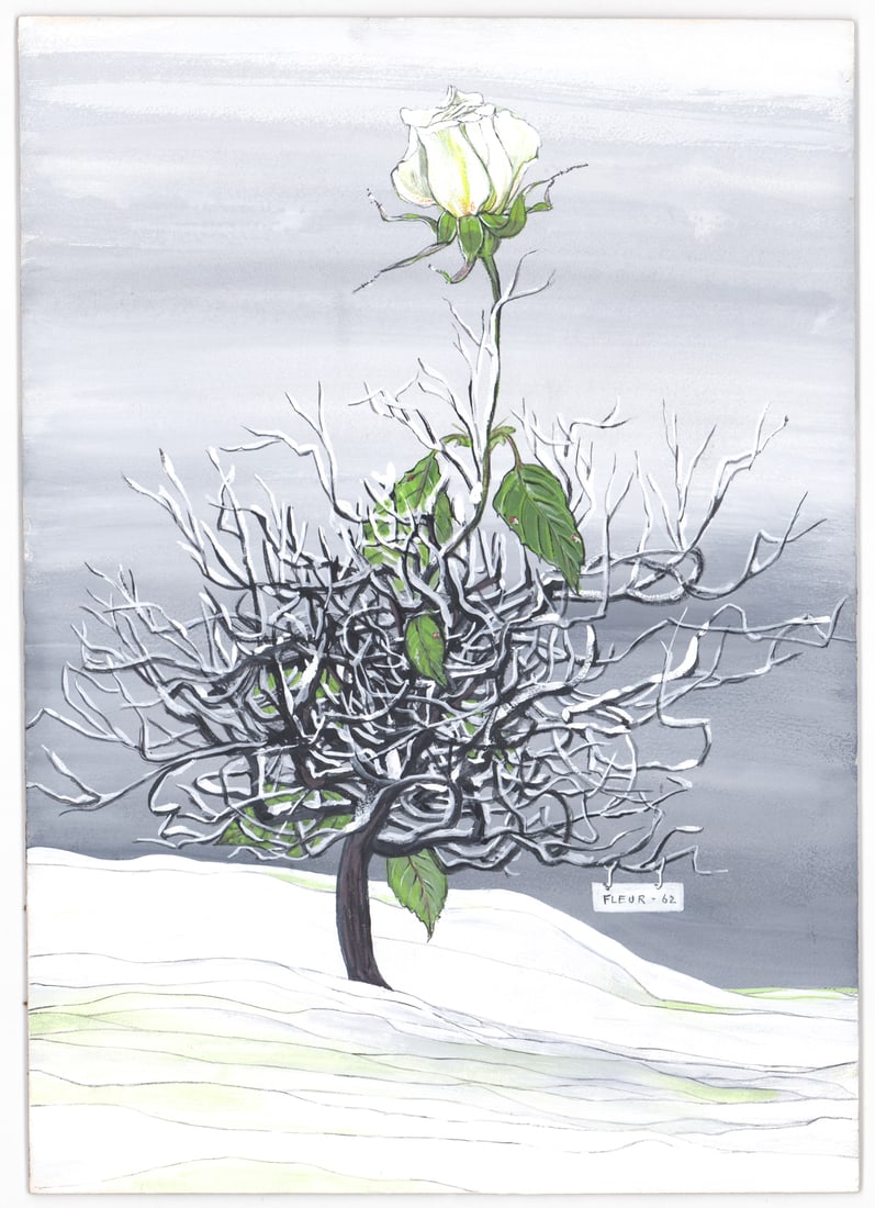Fleur Cowles Original Oil / Board 1962: Fleur (Florence Friedman) Cowles (American,1908-2009) original oil on artist's board. Signed and dated '62 lower right. Titled 'Winter's Rose'. Measures 14.875 x 10.5 in. Unframed, loose, not glued do