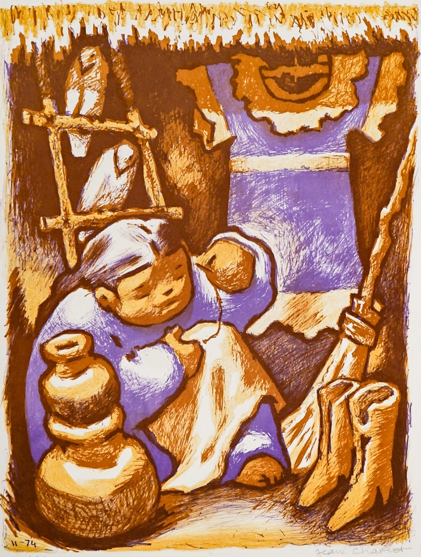 Jean Charlot SIGNED #47/200 'Little Seamstress': Jean Charlot (1898-1979. France, Mexico, Hawaii) litho pencil signed and numbered 47/200 lower margin. Sheet measures 26 x 20 in. Unframed, loose, not glued down or mounted. Print lot measures 27 in. 