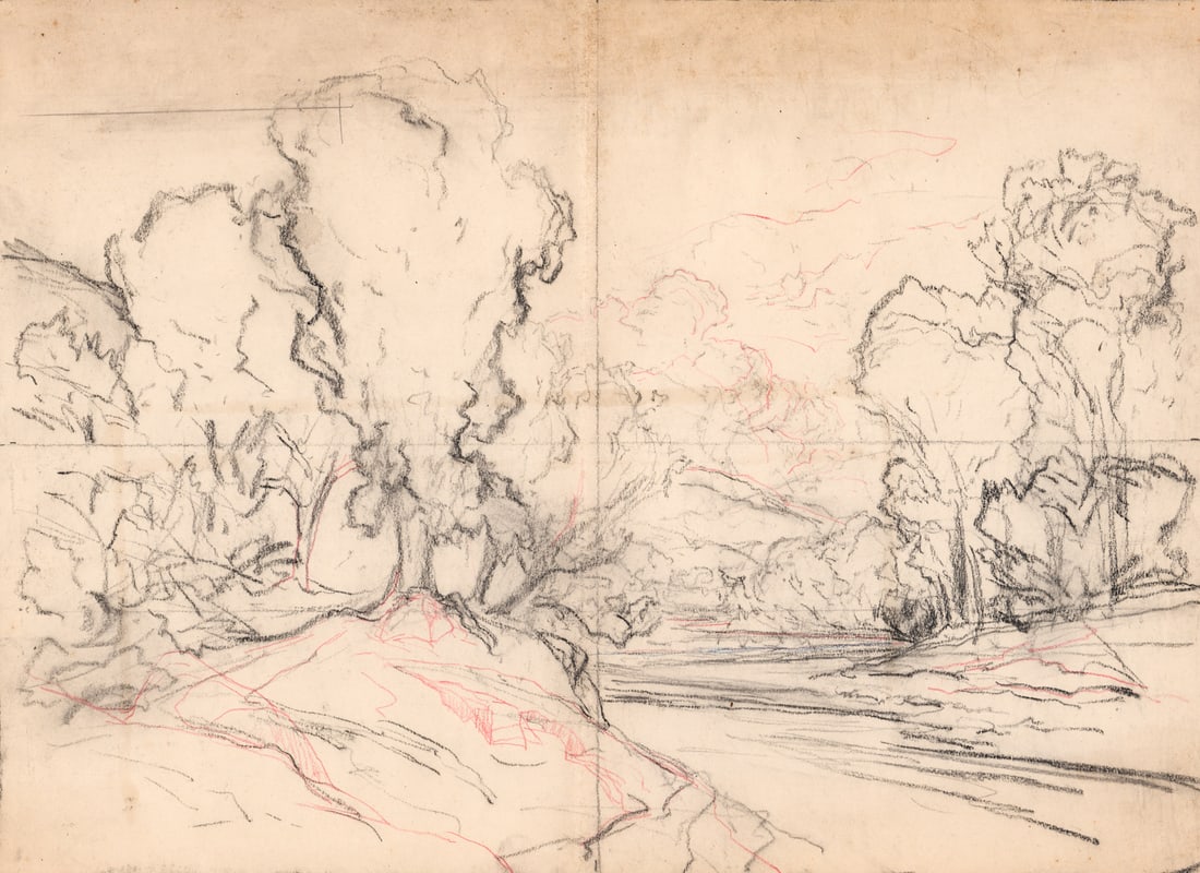 Stephen Parrish Original Sketch [Landscape]: Stephen Parrish (American, 1846-1938) large sketch with estate stamp 'SP' on verso. Note folded at center. Sheet measures 18 x 25 in. Unframed, loose, not glued down or mounted. Print lot measures 20 