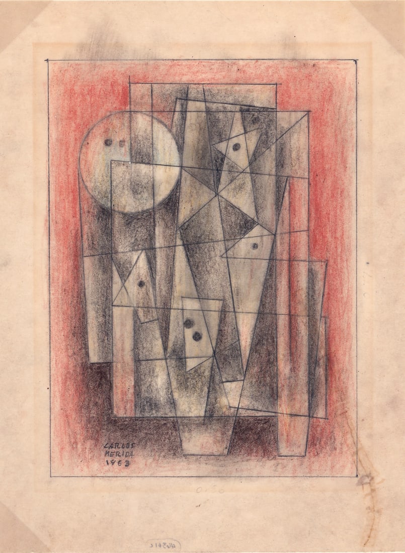 Carlos Merida Colored Pencil and Graphite Drawing: Carlos Merida (Mexican, 1891-1984) colored pencil and graphite drawing signed and dated 1963 lower left. Repaired tear lower right. Hinge mounted to mat board. Image measures 8 x 6 in. Sheet measures 