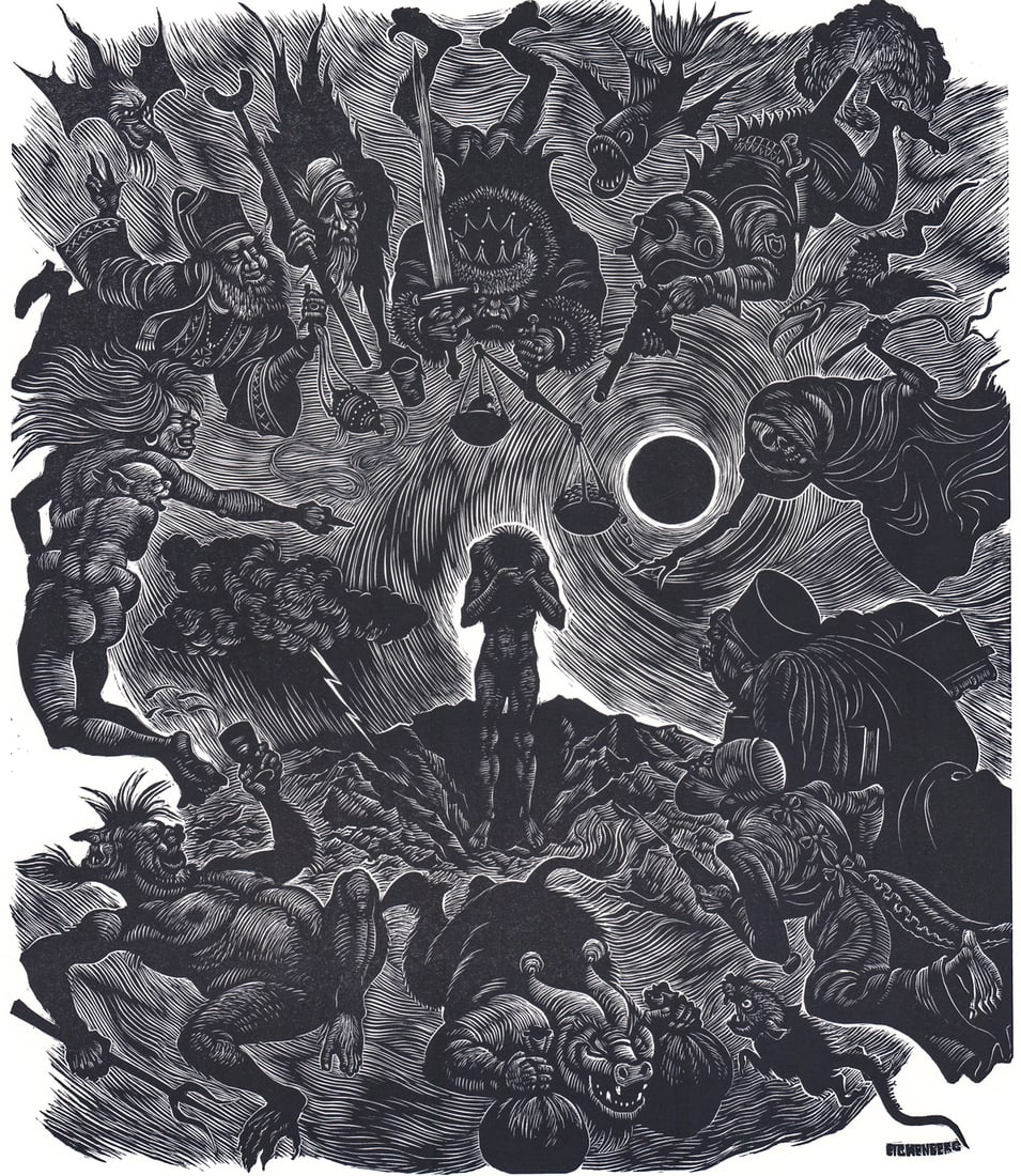 Fritz Eichenberg SIGNED AP Farewell to the World: Fritz Eichenberg (German/American, 1901-1990) wood engraving pencil signed, edition Artist's Proof and titled 'Farewell to the World' lower margin. Upper corners crimped. Sheet measures 18.375 x 14 in