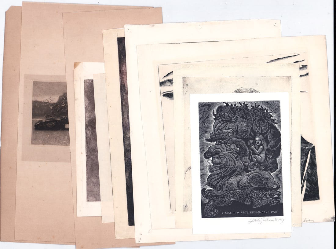 Artist SIGNED (10) Etchings / Prints / Engravings: Artists include: Fritz Eichenberg; William Meyerowitz; Kiehl and Xtiang Newswanger; Chester Leich; Lawrence Kupferman; Francois Alexandre Poncy. Sheets measure 11 to 17.5 in. x 7.5 to 15.5 in. Unframe