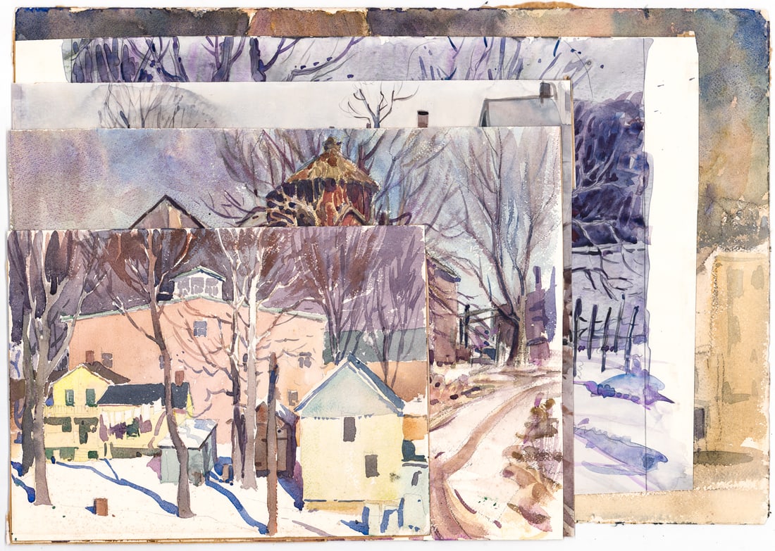 Original (5) Watercolors [Hamden, Connecticut]: Five (5) original watercolors. Unsigned. Measure 9 to 15 in. x 12 to 22 in. Unframed, loose, not glued down or mounted. Print lot measures 23 in. H x 15.75 in. W x .25 in. D for shipping purposes only