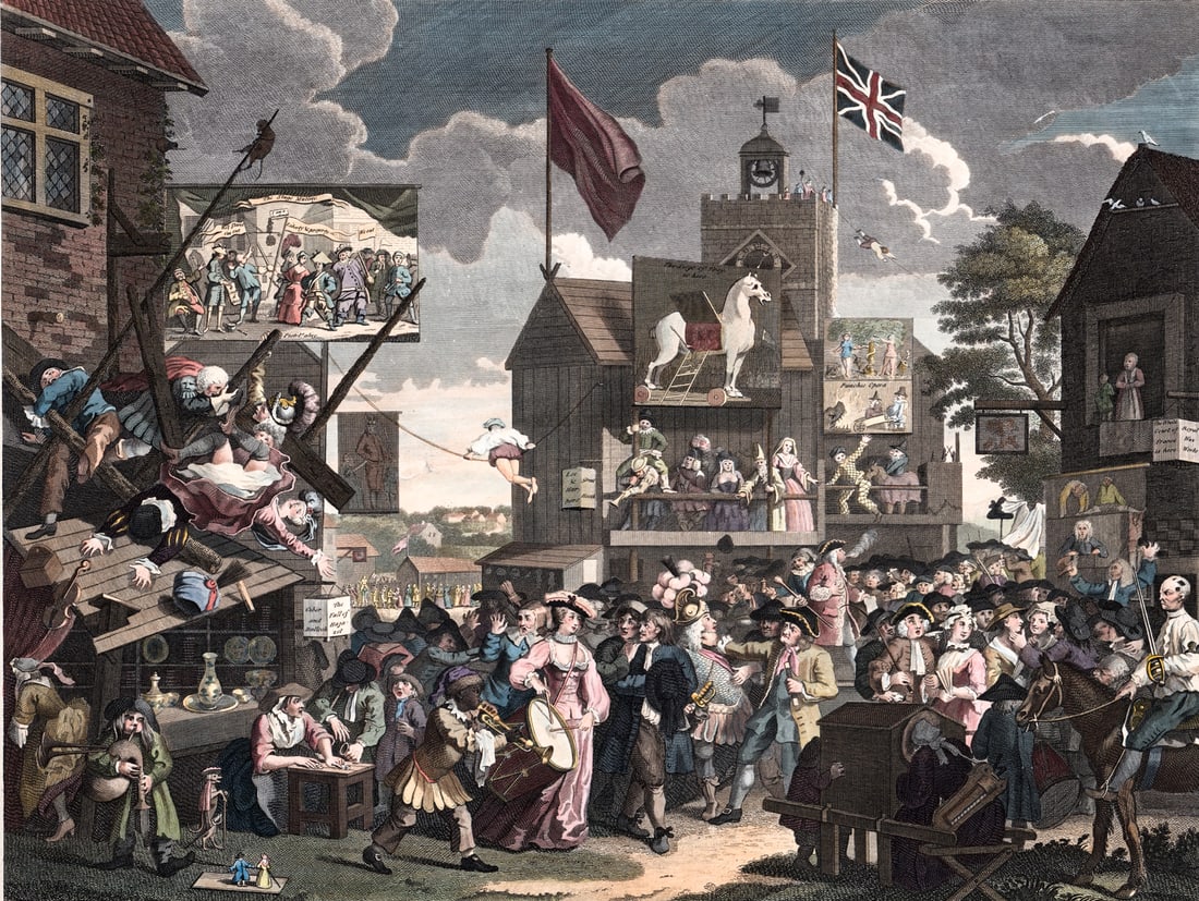 William Hogarth 'Southwark Fair' Color Engraving: William Hogarth (1697-1764) hand-colored engraving of 'Southwark Fair'. Image measures 13.25 x 17.625 in. Sheet measures 16 x 22.5 in. Unframed, loose, not glued down or mounted. Print lot measures