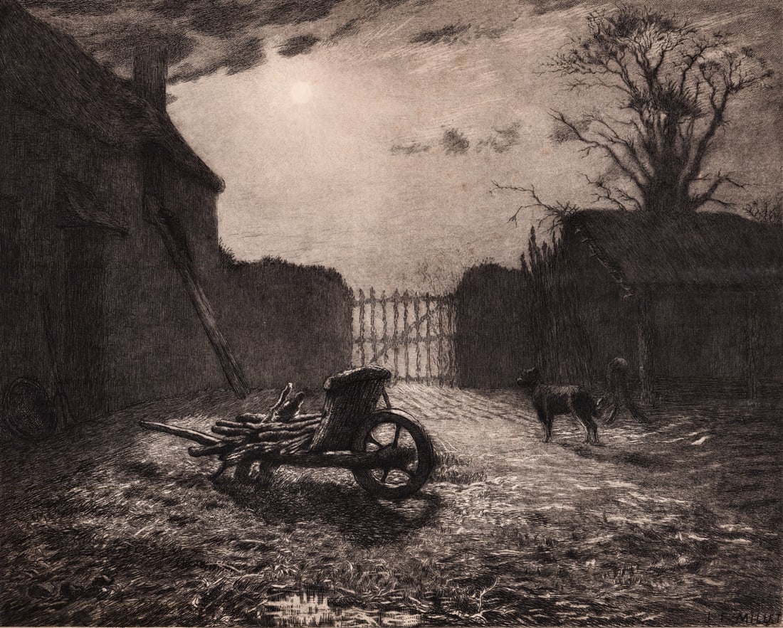 Jean Francois Millet Print [Farmyard]: Jean Francois Millet (French, 1814-1875) print plate signed lower right. Image measures 15.75 x 19.5 in. Sheet measures 19 x 23 in. Unframed, loose, not glued down or mounted. Print lot measures 20