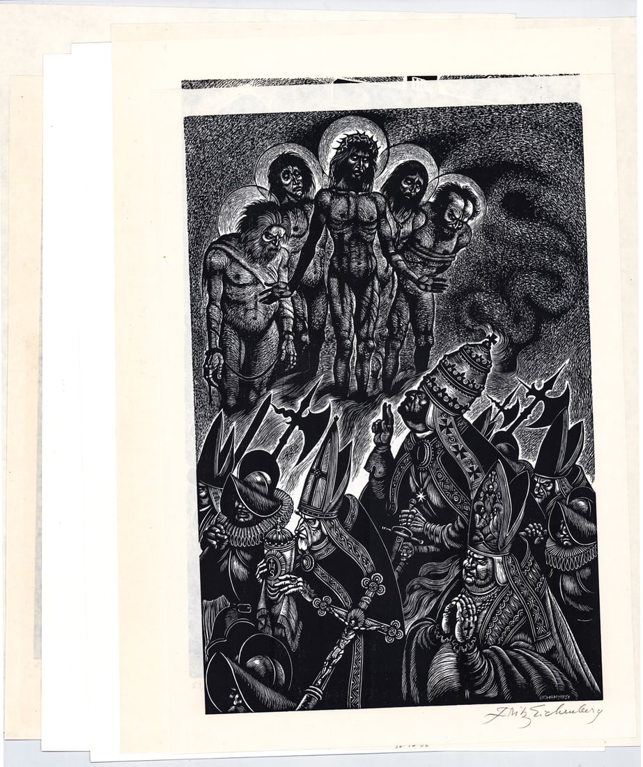 Fritz Eichenberg (6) Wood Engravings SIGNED: Six (6) Fritz Eichenberg (German/American, 1901-1990) wood engravings pencil signed. Include: The Possessed; Homage to Daumier and more. Sheets measure 20 to 22 in. to 14 to 17 in. Unframed, loose,
