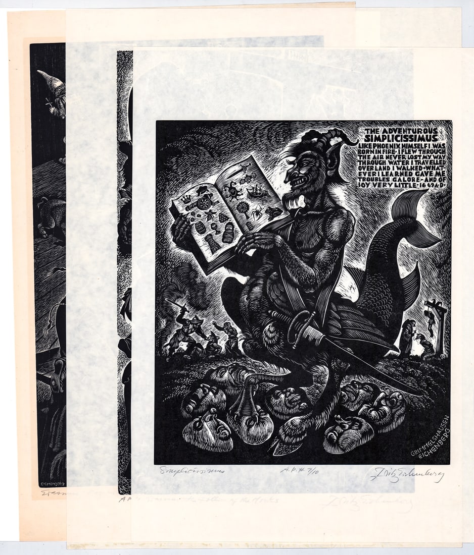 Fritz Eichenberg (4) Wood Engravings SIGNED: Four (4) Fritz Eichenberg (German/American, 1901-1990) wood engravings pencil signed. Include: The Possessed; Follies of the Monks; Simplicissimus and more. Sheets measure 20.25 to 22 in. x 13.75 to
