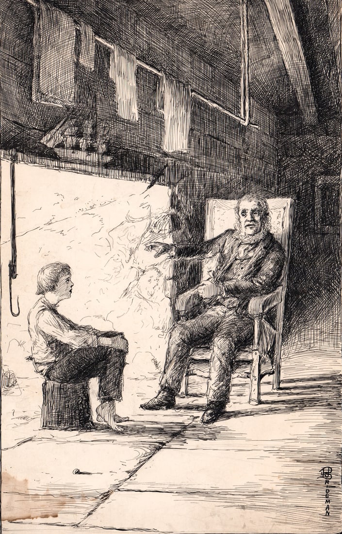 Lewis Jesse Bridgman Original Drawing: Lewis Jesse Bridgman (Massachusetts, 1857-1931) was a Massachusetts engraver and illustrator who specialized in illustrating children's books. Image measures 11 x 7 in. Sheet measures 14 x 9.875 in.