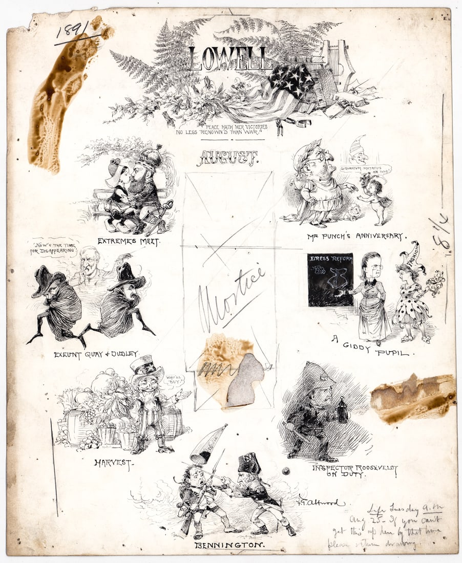 F. G. Attwood Original Illustration Art 1891: Francis Gilbert Attwood (Massachusetts, 1856-1900) original illustration art. Sheet measures 15.25 x 12.5 in. Unframed, loose, not glued down or mounted. Print lot measures 16.5 in. H x 13.5 in. W x