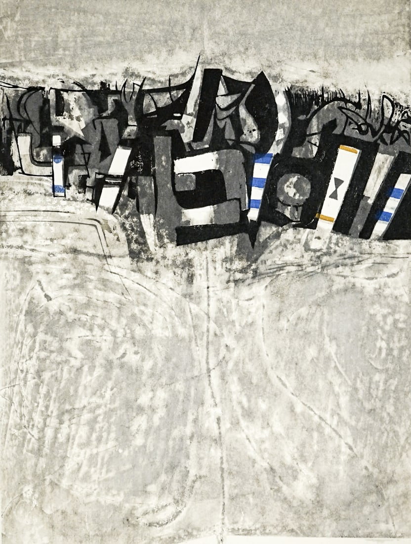 Shinichi Takahashi SIGNED Woodblock Print: Shinichi Takahashi (Japanese, 1917-1986) abstract woodblock print pencil signed, numbered 6/30 and titled History (A) lower margin. Image measures 23.25 x 17.635 in. Sheet measures 24.75 x 19.5 in.