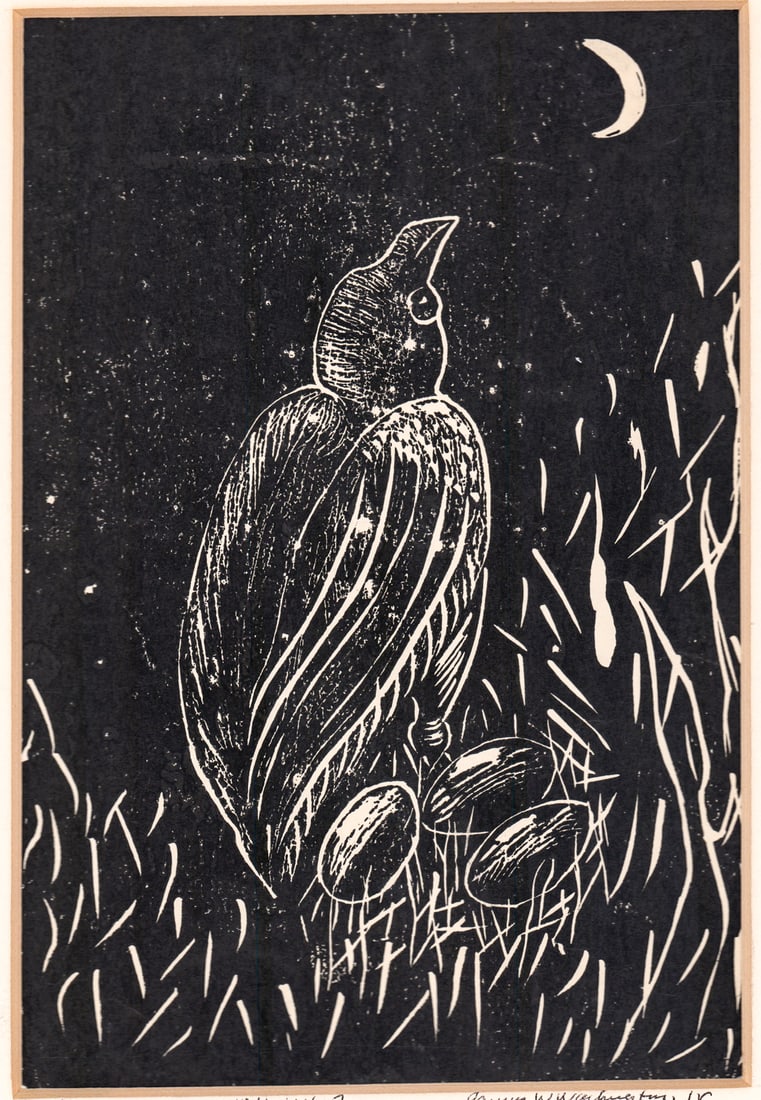 James Washington, Jr. SIGNED Linocut [Hill Myna]: James W. Washington, Jr. (1908-2000) linocut 'Hill Myna' pencil signed. dated 1974 and titled 'Hill Myna' on mat framed below image. Sight size measures 11.75 x 8 in. Light brown stain on left lower