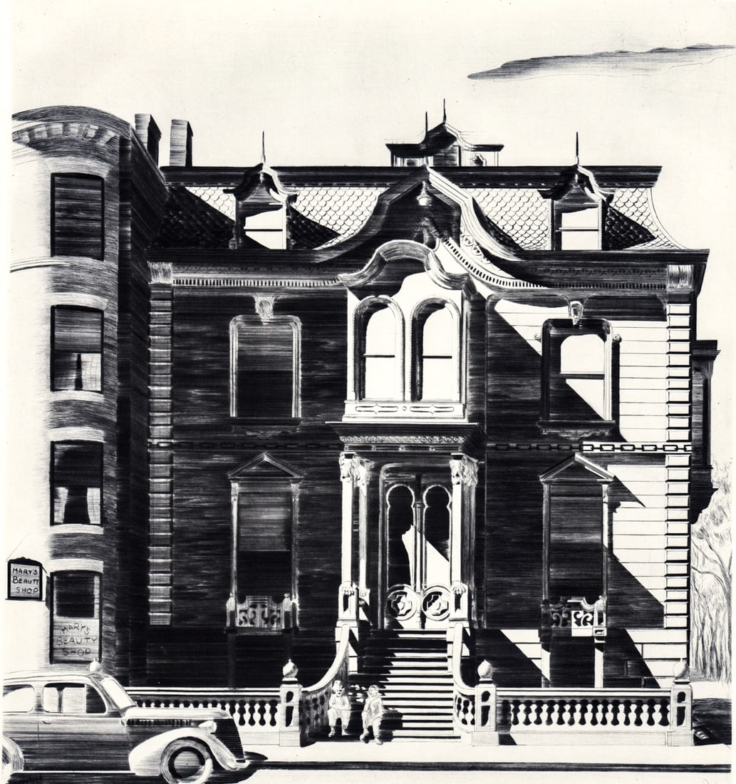 Lawrence Kupferman S/N Etching Victorian Mansion: Lawrence Kupferman Etching [Victorian Mansion]. Signed in pencil lower right. Numbered 6/100 lower left. Measures 15.625 x 12.875 inches plate size and 19.75 x 18 inches sheet size. Unframed, loose, n