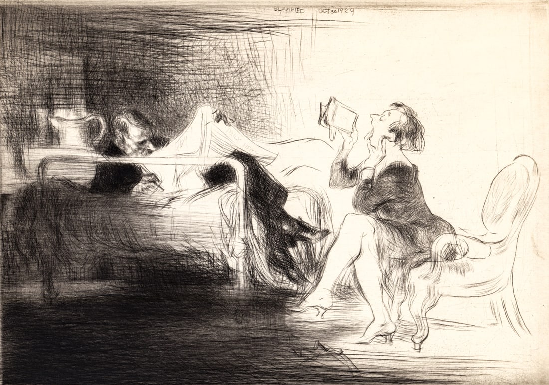 Edmund Blampied SIGNED Etching #26/100: Edmund Blampied (British, 1886-1966) etching ink signed and numbered 26/100 lower margin. Titled 'En Pension'. Image measures 8.25 x 12 in. Sheet measures 11.25 x 18.25 in. Unframed, loose, not glued 