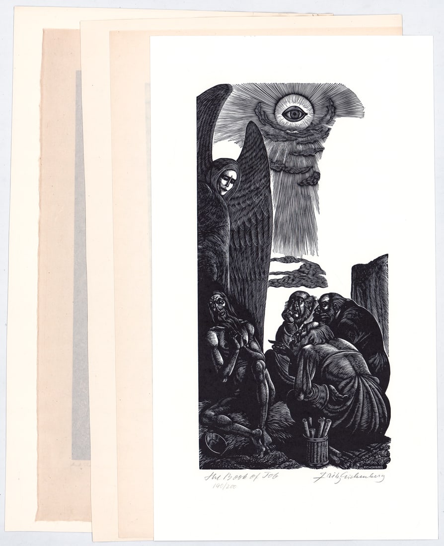 Fritz Eichenberg (5) SIGNED Wood Engravings: Five (5) Fritz Eichenberg (German/American, 1901-1990) pencil signed wood engravings from 'The Old Testament' collection. Sheets measure 15.5 to 17 in. x 9 to 11 in. Unframed, loose, not glued down or