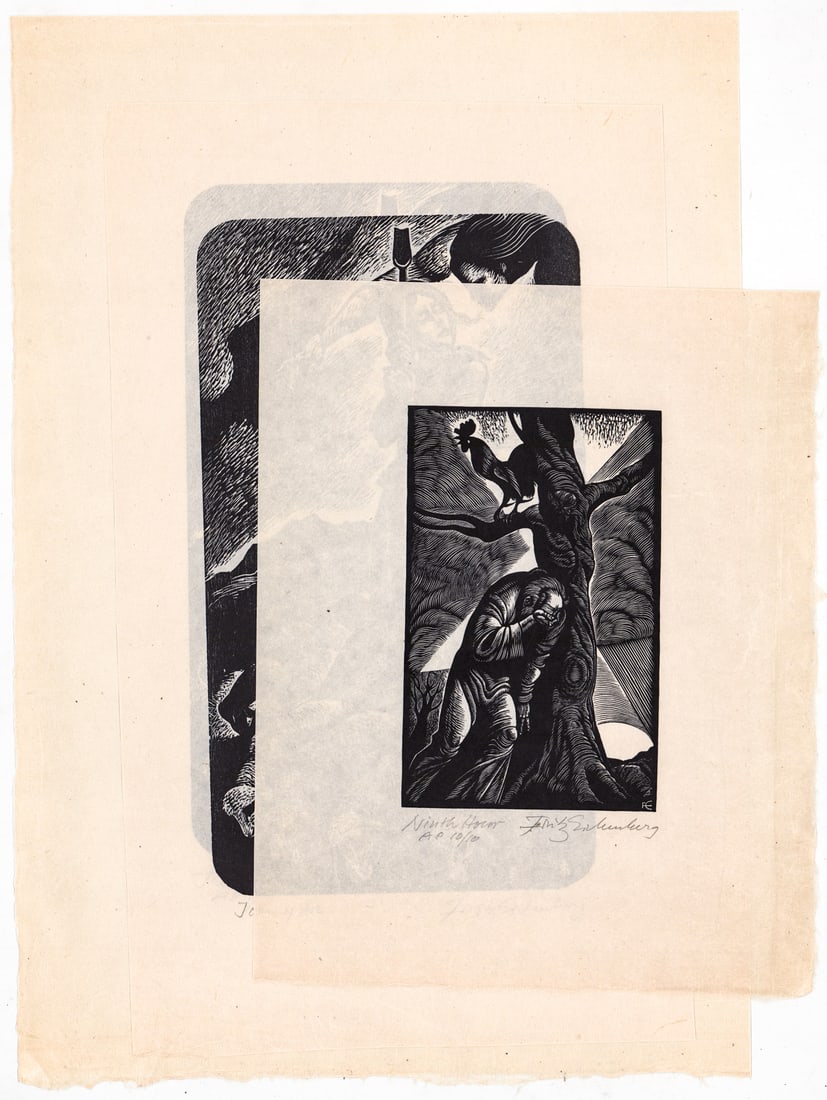 Fritz Eichenberg (3) SIGNED Wood Engravings: Three (3) Fritz Eichenberg (German/American, 1901-1990) pencil signed wood engravings. Includes: Ninth Hour AP; The Shepherdess and same image titled Joan of Arc. Sheets measure 10.25 to 15.5 in. x 8.