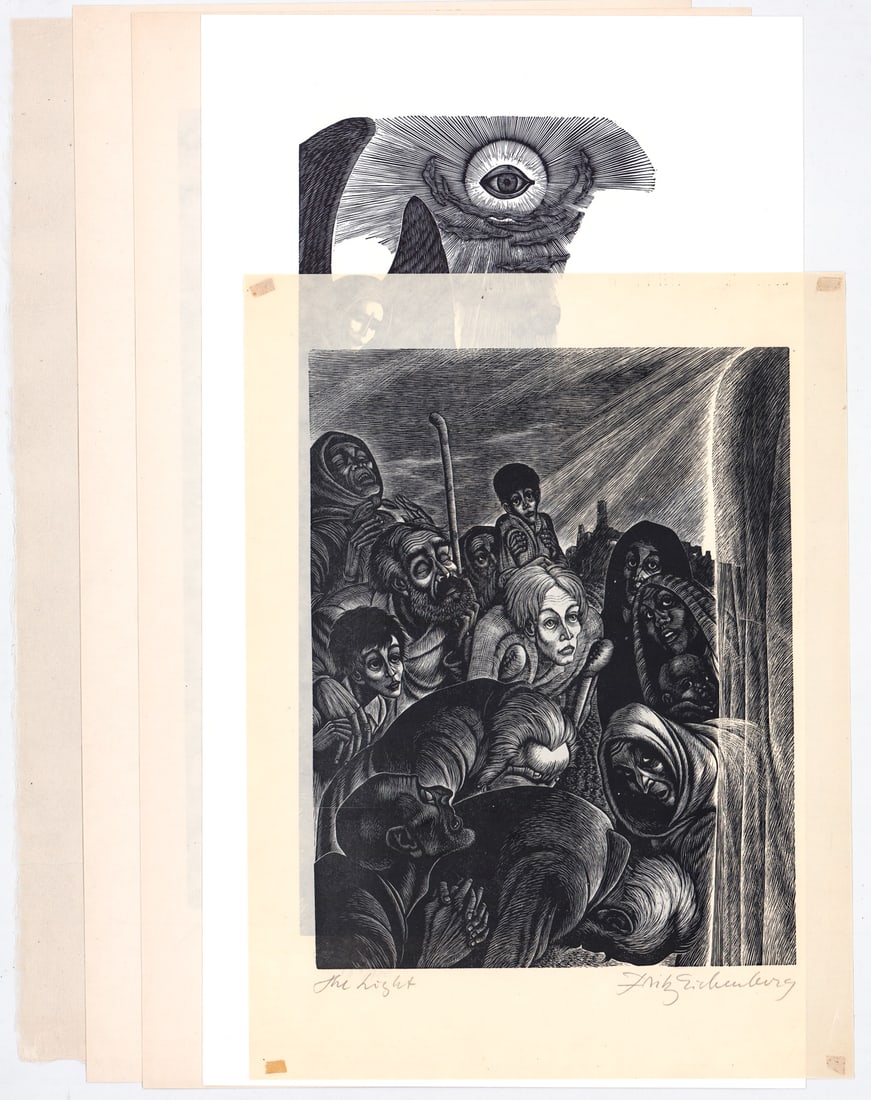 Fritz Eichenberg (4) SIGNED Wood Engravings: Four (4) Fritz Eichenberg (German/American, 1901-1990) wood engravings all pencil signed. Include: the Light; The Book of Job; Joshua; Lamentation of Jeremiah. Sheets measure 12 to 16 in. x 9 to 10.75